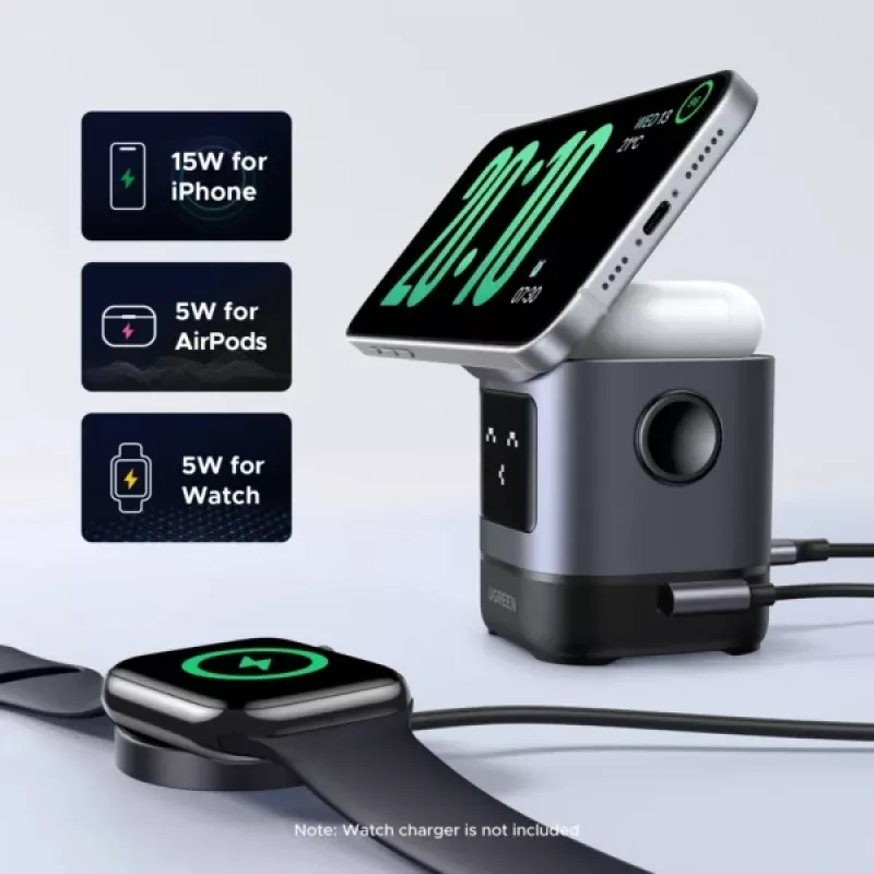 UGREEN W709 2-in-1 UNO Series Qi2 magnetinis belaidis įkroviklis 15 W + 5 W + USB-C, juodas/pilkas