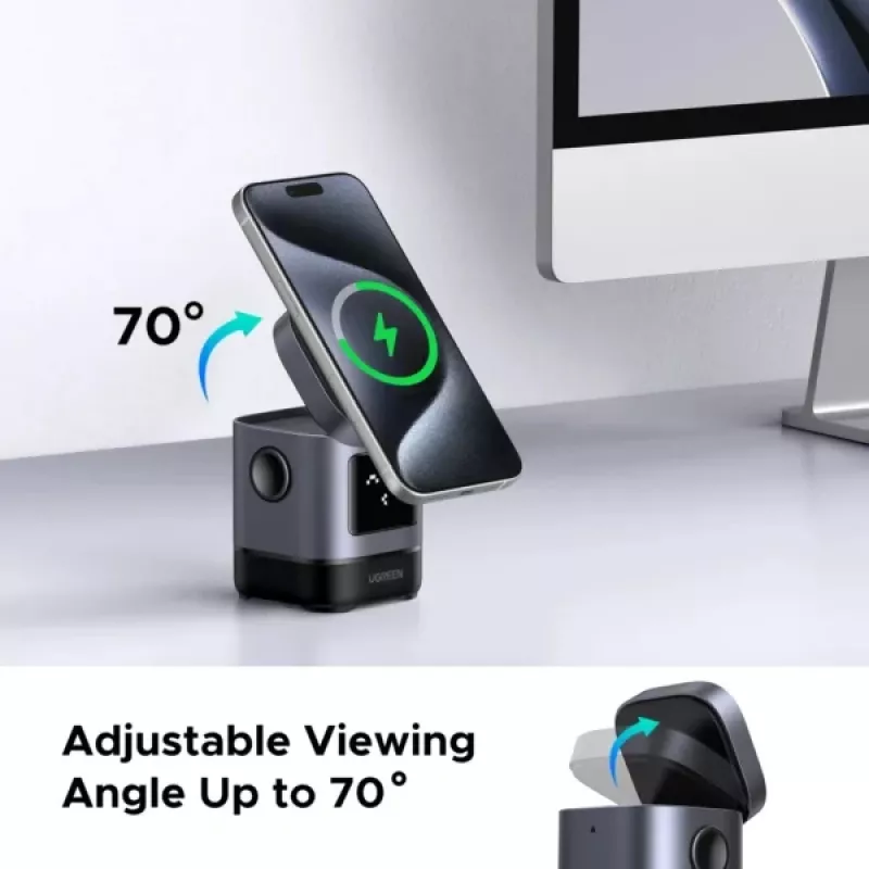 UGREEN W709 2-in-1 UNO Series Qi2 magnetinis belaidis įkroviklis 15 W + 5 W + USB-C, juodas/pilkas