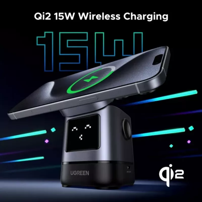 UGREEN W709 2-in-1 UNO Series Qi2 magnetinis belaidis įkroviklis 15 W + 5 W + USB-C, juodas/pilkas