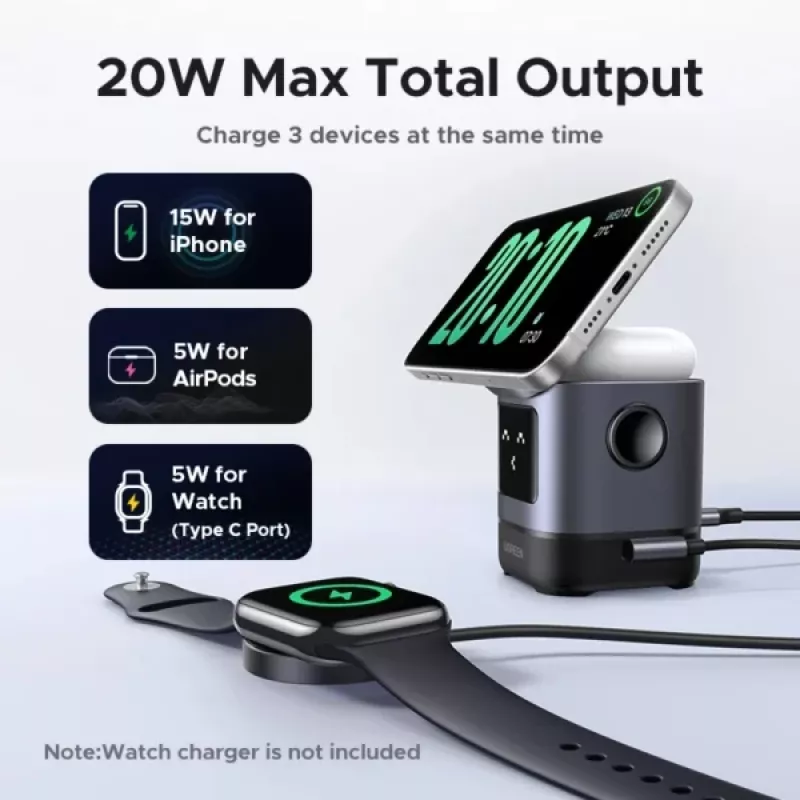 UGREEN W709 2-in-1 UNO Series Qi2 magnetinis belaidis įkroviklis 15 W + 5 W + USB-C, juodas/pilkas