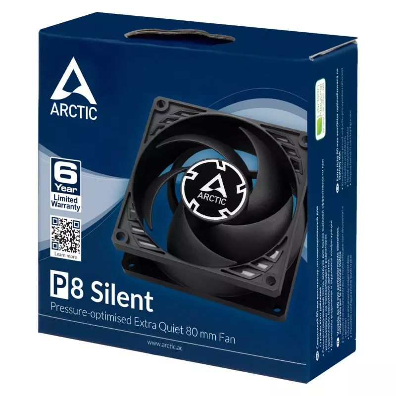 ARCTIC P8 Silent – slėgiui optimizuotas ypač tylus 80 mm ventiliatorius