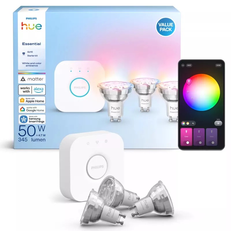 “Philips Hue White and colour ambience Essential” pradinis rinkinys: 3 GU10 išmaniosios lemputės (345 lm)