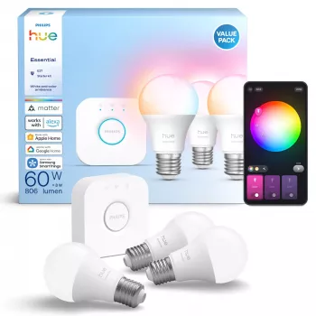 Philips Hue White and colour ambience Essential išmanusis apšvietimo rinkinys – 3× E27 lemputės, 806 lm, 8 W, Bluetooth/Zigbee