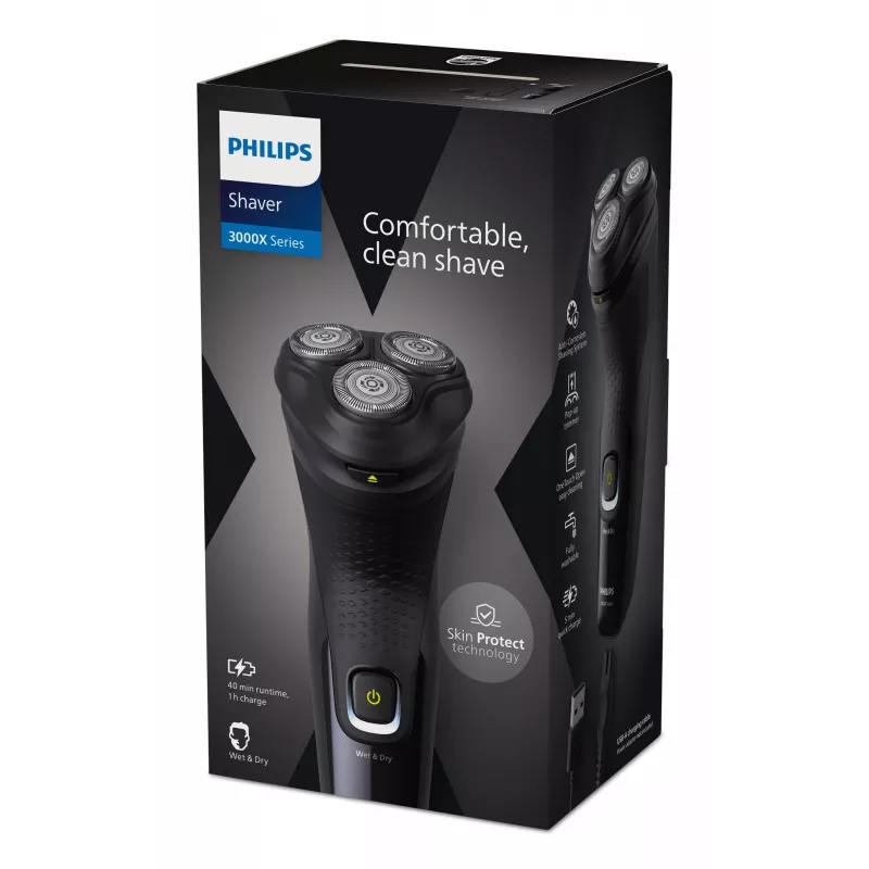Philips X3021/00 vyriškas skustuvas su rotacine galvute ir trimeriu, juodas