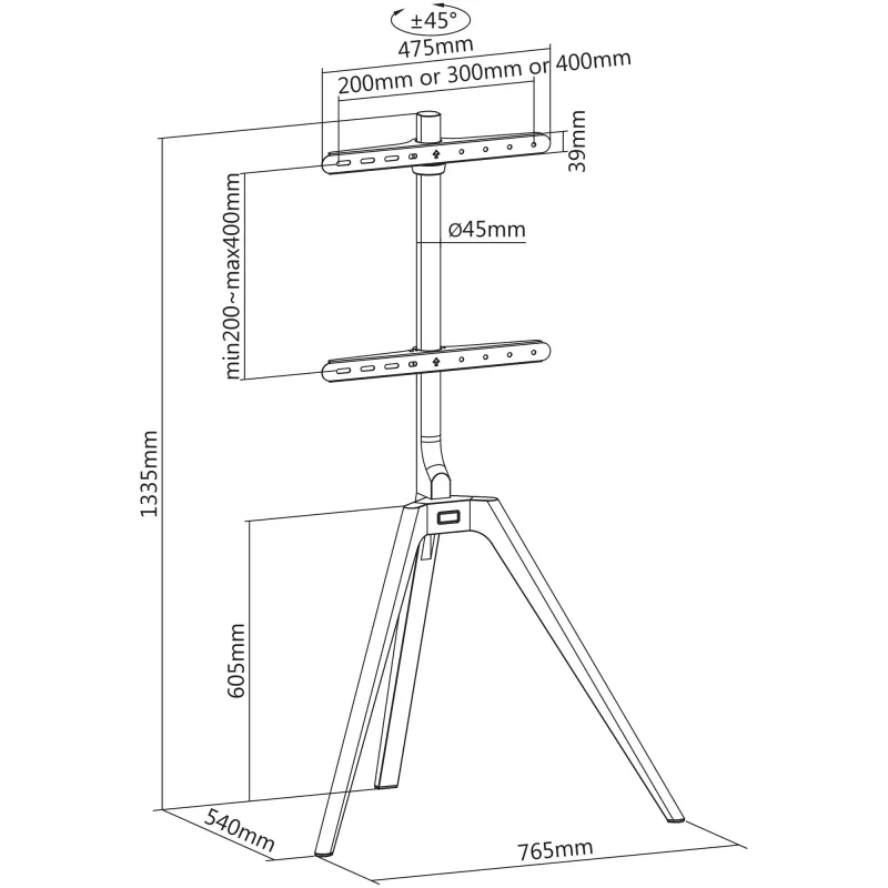 InLine medinis TV stovas tripod, 45-65 col. (114-165 cm), maks. 40 kg