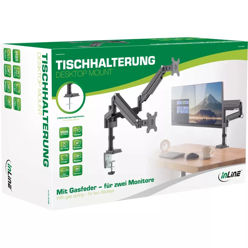 InLine stalo laikiklis su kėlimo mechanizmu, dviems monitoriams iki 82 cm (32 col.), 9 kg