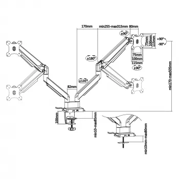 InLine stalinis laikiklis su kėlimo mechanizmu ir USB/garso prievadais, 2 monitoriams iki 81 cm (32 colių), 9 kg, sidabrinis