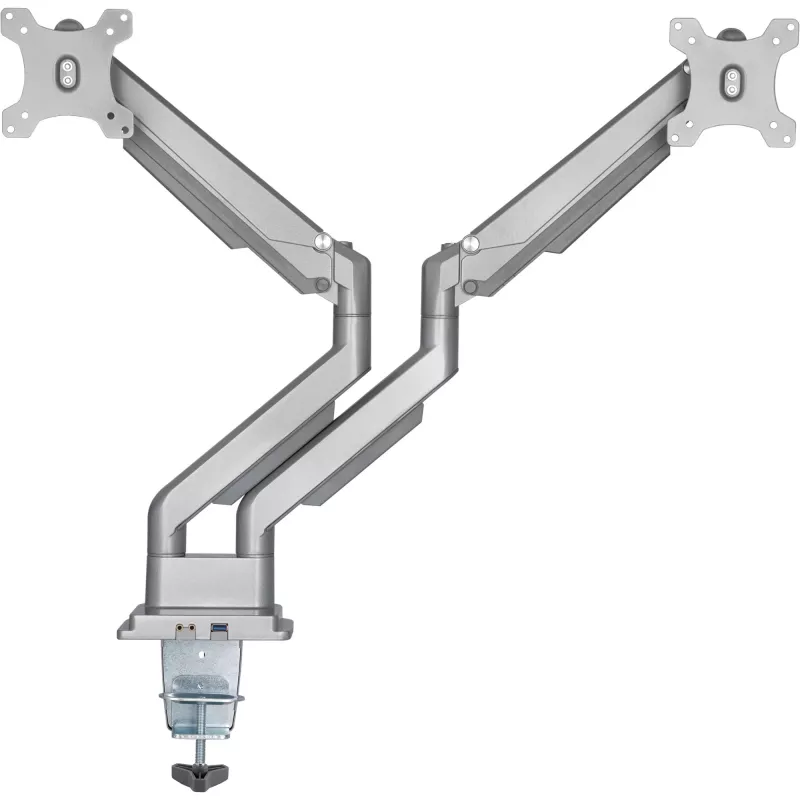 InLine stalinis laikiklis su kėlimo mechanizmu ir USB/garso prievadais, 2 monitoriams iki 81 cm (32 colių), 9 kg, sidabrinis