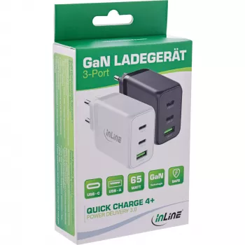 InLine 31506E universalus greitasis kroviklis, 65 W, 3 prievadai (1x USB-A, 2x USB-C), balta