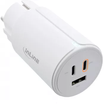 InLine USB PD maitinimo šaltinis, GaN įkroviklis, 3 prievadai, Dual USB-C + USB-A, 65 W, baltas