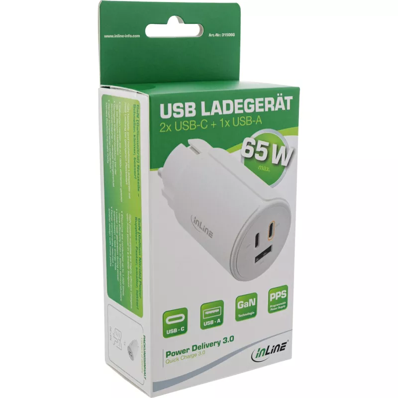 InLine USB PD maitinimo šaltinis, GaN įkroviklis, 3 prievadai, Dual USB-C + USB-A, 65 W, baltas