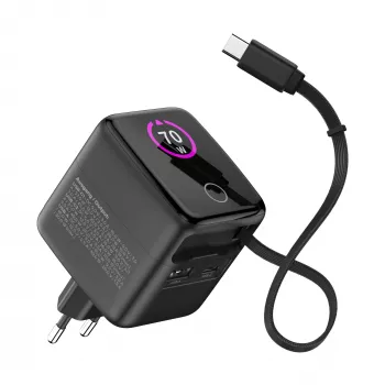 InLine USB maitinimo blokas, 70W, GaN, USB-C PD + USB-A QC, kabelis 60cm, juodas