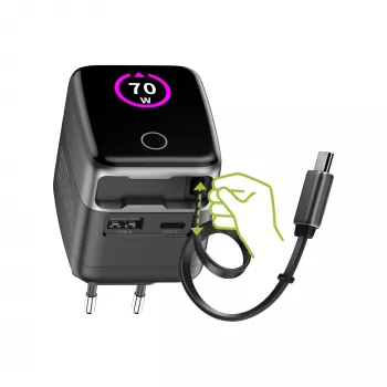 InLine USB maitinimo blokas, 70W, GaN, USB-C PD + USB-A QC, kabelis 60cm, juodas