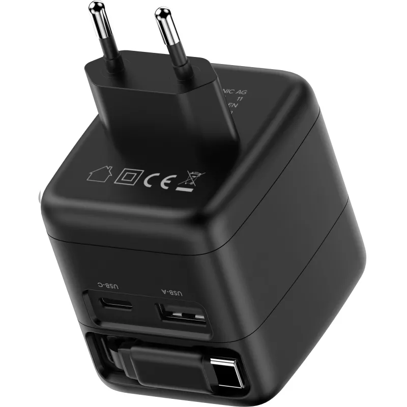 InLine USB maitinimo blokas, 70W, GaN, USB-C PD + USB-A QC, kabelis 60cm, juodas