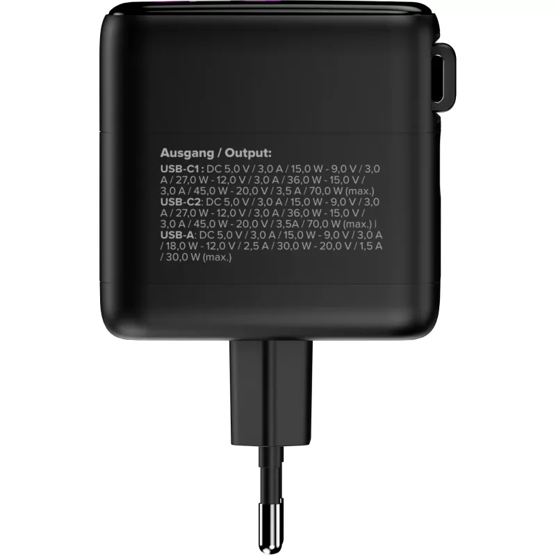 InLine USB maitinimo blokas, 70W, GaN, USB-C PD + USB-A QC, kabelis 60cm, juodas