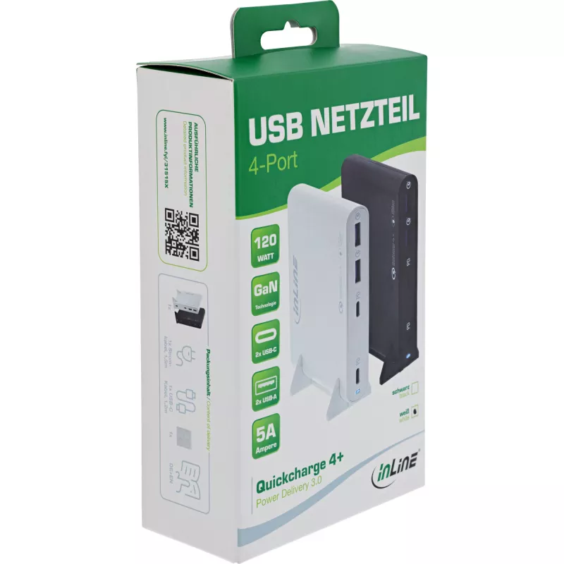 InLine GaN USB maitinimo šaltinis, 4 prievadų, 2x USB-C + 2x USB-A, 120 W, juodas (31515B)