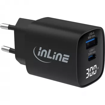 InLine USB PD maitinimo blokas, GaN įkroviklis, 2 prievadai, USB-C + USB-A, 30W, su ekranu