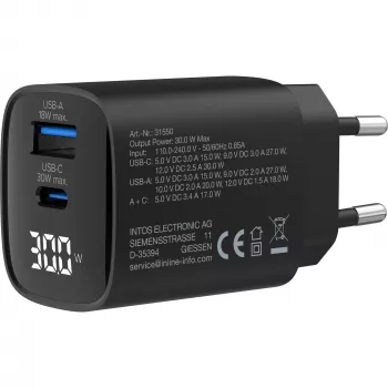 InLine USB PD maitinimo blokas, GaN įkroviklis, 2 prievadai, USB-C + USB-A, 30W, su ekranu