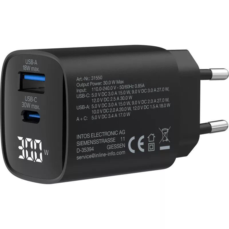 InLine USB PD maitinimo blokas, GaN įkroviklis, 2 prievadai, USB-C + USB-A, 30W, su ekranu