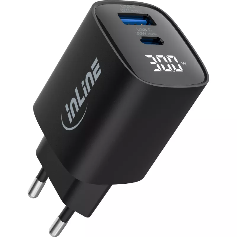InLine USB PD maitinimo blokas, GaN įkroviklis, 2 prievadai, USB-C + USB-A, 30W, su ekranu