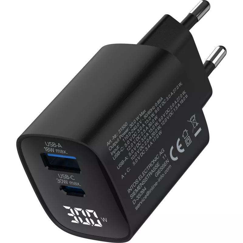 InLine USB PD maitinimo blokas, GaN įkroviklis, 2 prievadai, USB-C + USB-A, 30W, su ekranu