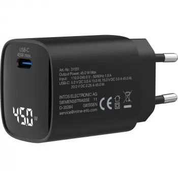 InLine USB PD maitinimo blokas, GaN įkroviklis, 1 prievadas, USB-C, 45W, su ekranu