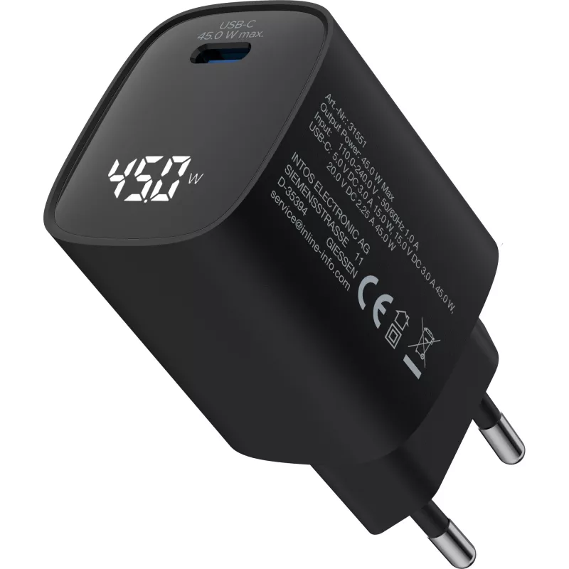 InLine USB PD maitinimo blokas, GaN įkroviklis, 1 prievadas, USB-C, 45W, su ekranu