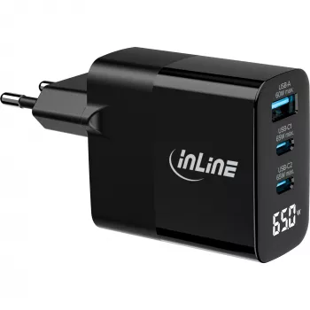InLine USB PD maitinimo blokas, GaN įkroviklis, 3 prievadai, USB-C + USB-A, 65W, su ekranu