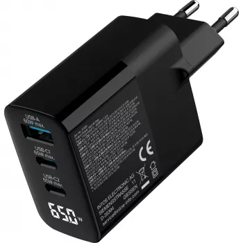 InLine USB PD maitinimo blokas, GaN įkroviklis, 3 prievadai, USB-C + USB-A, 65W, su ekranu