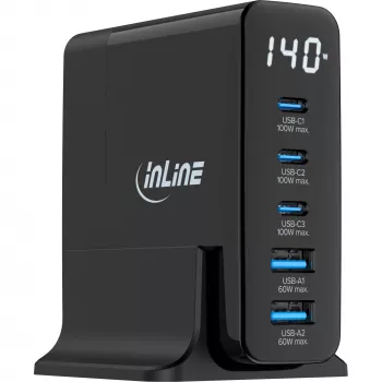 InLine USB PD maitinimo blokas, GaN įkroviklis, 5 prievadų, USB-C + USB-A, 140W, su ekranu