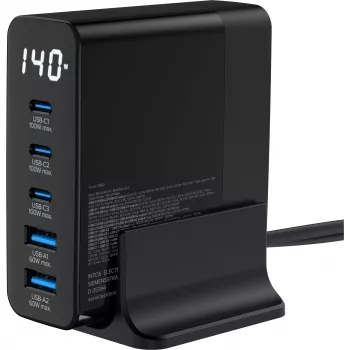 InLine USB PD maitinimo blokas, GaN įkroviklis, 5 prievadų, USB-C + USB-A, 140W, su ekranu