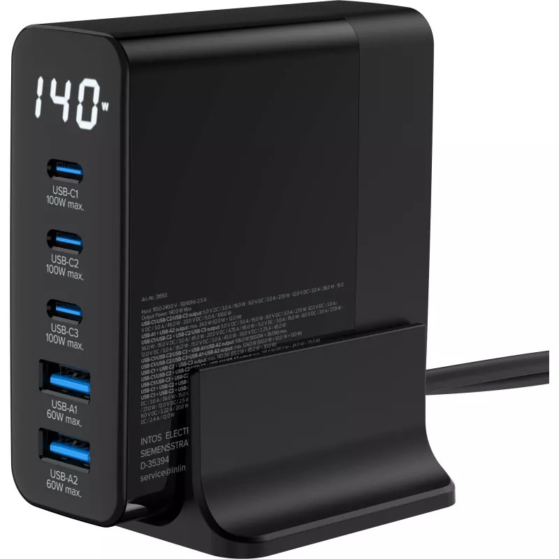 InLine USB PD maitinimo blokas, GaN įkroviklis, 5 prievadų, USB-C + USB-A, 140W, su ekranu
