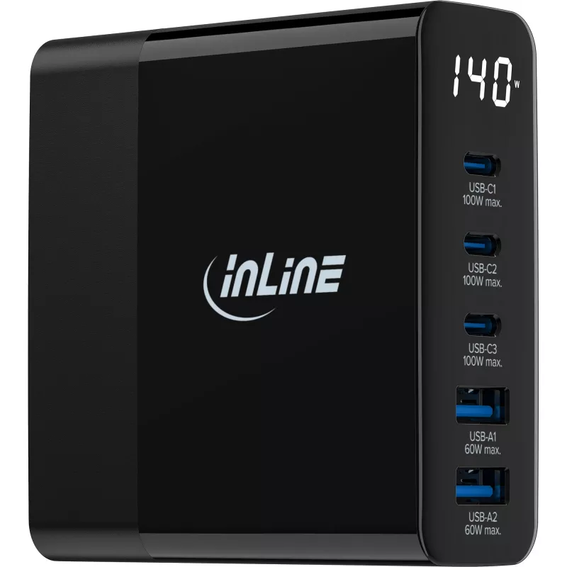 InLine USB PD maitinimo blokas, GaN įkroviklis, 5 prievadų, USB-C + USB-A, 140W, su ekranu