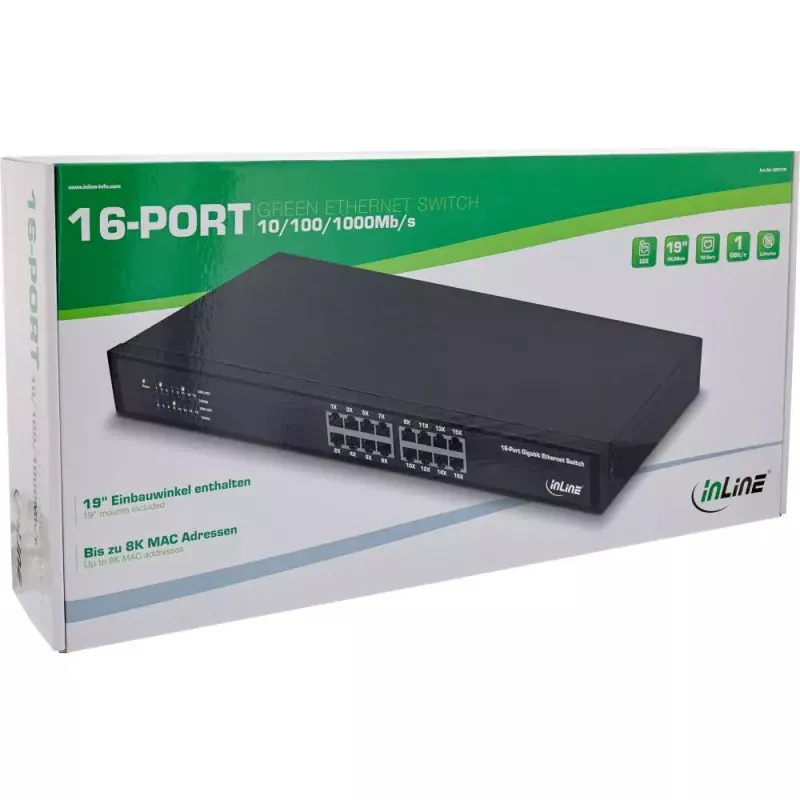 InLine Gigabit tinklo jungiklis 16 prievadų, 1 Gb/s, 19 col. 1U, be ventiliatoriaus