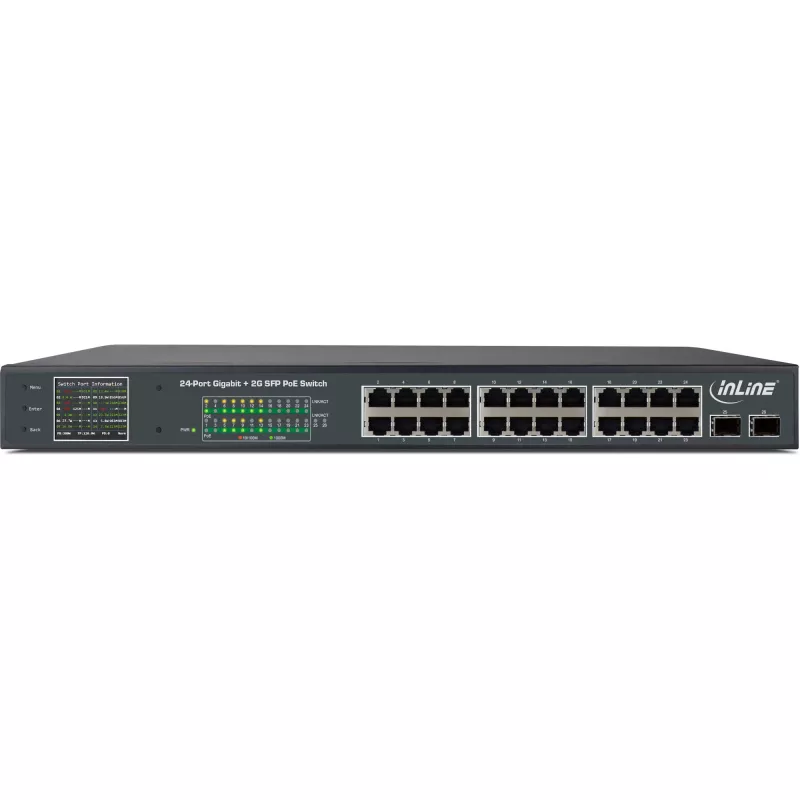 InLine PoE+ Gigabit tinklo jungiklis 24 prievadai, 1 Gb/s, 2xSFP, 19 col. 1U (su kronšteinais)