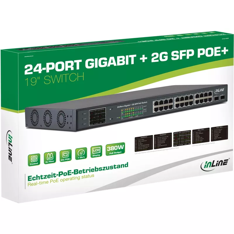 InLine PoE+ Gigabit tinklo jungiklis 24 prievadai, 1 Gb/s, 2xSFP, 19 col. 1U (su kronšteinais)