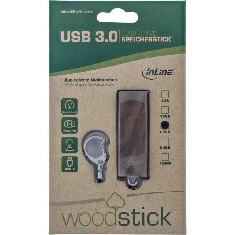 InLine USB 3.0 atmintukas, riešutmedžio mediena, su raktų pakabuku, 8 GB