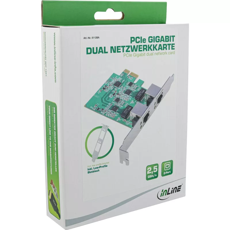 InLine 51126A dviejų prievadų 2.5 Gigabit tinklo plokštė, 2x RJ45, PCIe x1, su žemo profilio laikikliu