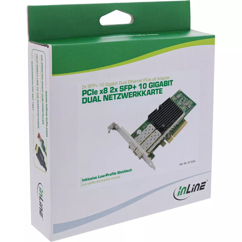 InLine Dual 10 gigabitų tinklo plokštė, 2x SFP+, PCIe x8, su žemo profilio laikikliu