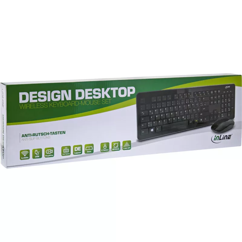 InLine Design Desktop rinkinys, belaidė klaviatūra ir pelė, USB 2,4 GHz, iki 1600 DPI, juoda, VOKIETIŠKA