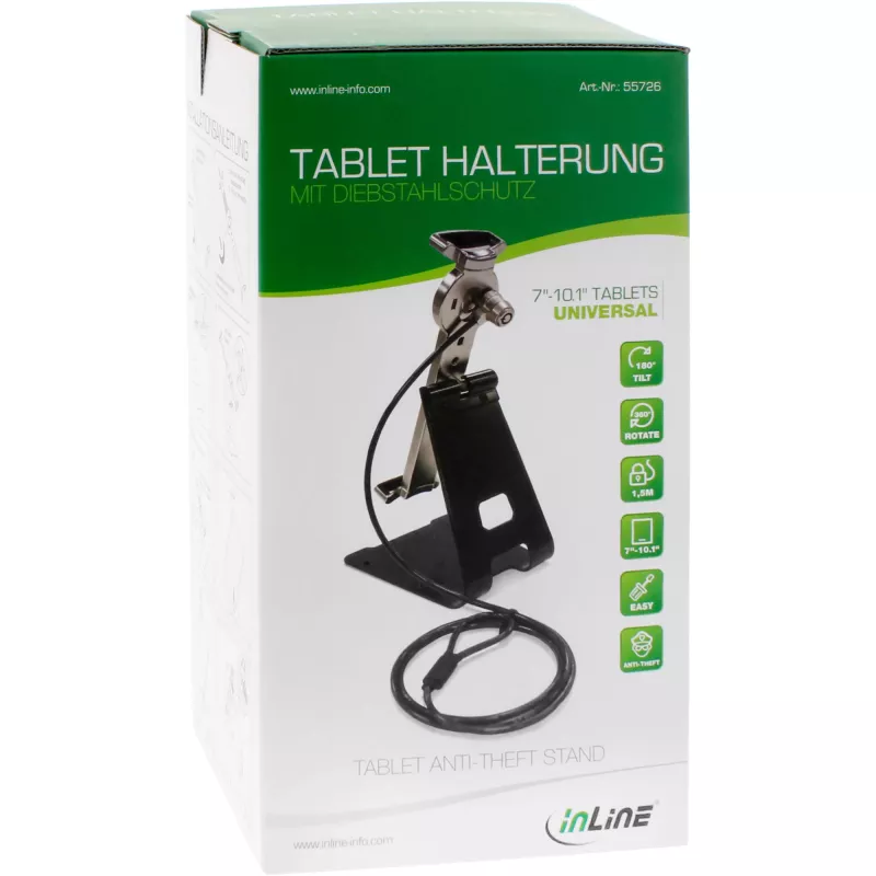 InLine Universalus planšetinio kompiuterio stovas su užraktu 7 inch-10,1 inch su plieniniu kabeliu 1,5 m