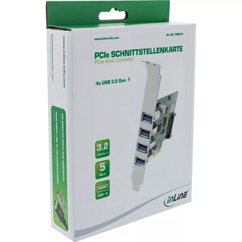 InLine 76661C USB 3.0 4 prievadų pagrindinis valdiklis PCIe su LP laikikliu ir 4 kontaktų pagalbiniu maitinimu