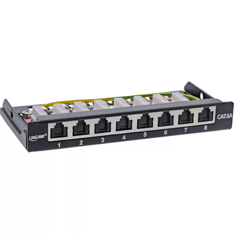 InLine Patch panel Cat.6A 0,5U 8 prievadų, stalo/sienos/bėgio montavimui, juodos spalvos, su dulkių apsauga
