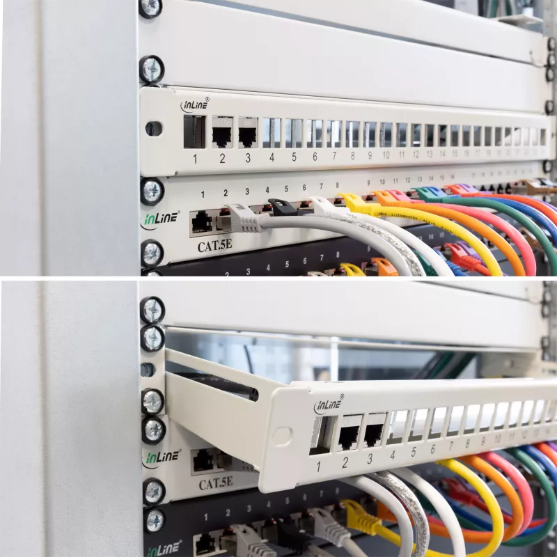 InLine Blank Patch Panel su ištraukiamu 19 colių 24 prievadų 1U šviesiai pilka