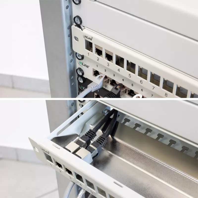 InLine Blank Patch Panel su ištraukiamu 19 colių 24 prievadų 1U šviesiai pilka