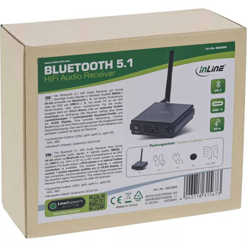 InLine Bluetooth 5.1 HiFi imtuvas ir USB DAC su LCD, 30 m diapazonas