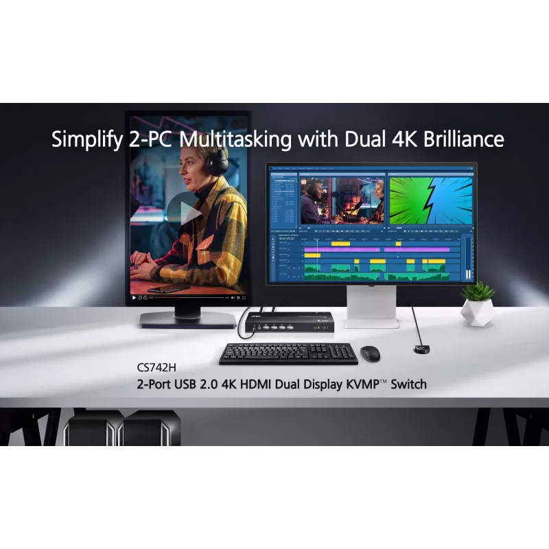ATEN CS742H 2 prievadų USB 4K HDMI dviejų monitorių KVM jungiklis (su kabeliais)