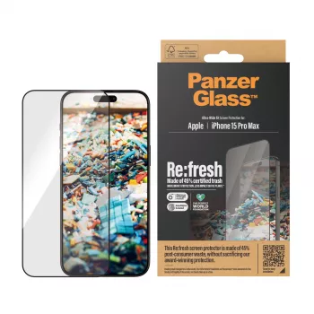 PanzerGlass Re:fresh apsauginis stiklas iPhone 15 Pro Max | Ultra-Wide Fit su EasyAligner