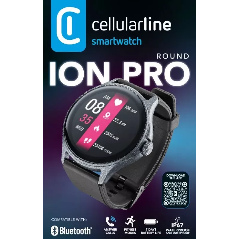 Cellularline ION PRO Round Bluetooth® išmanusis laikrodis su programėle, 3.51 cm (1.38 colio) TFT jutiklinis ekranas, juodas