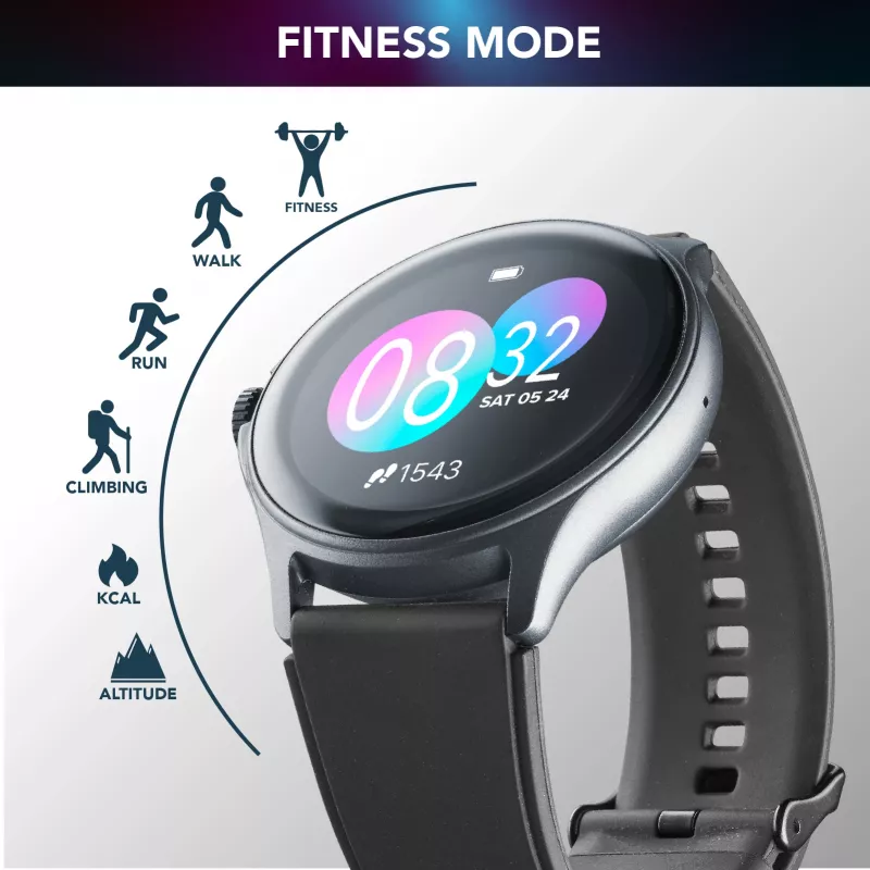 Cellularline ION PRO Round Bluetooth® išmanusis laikrodis su programėle, 3.51 cm (1.38 colio) TFT jutiklinis ekranas, juodas
